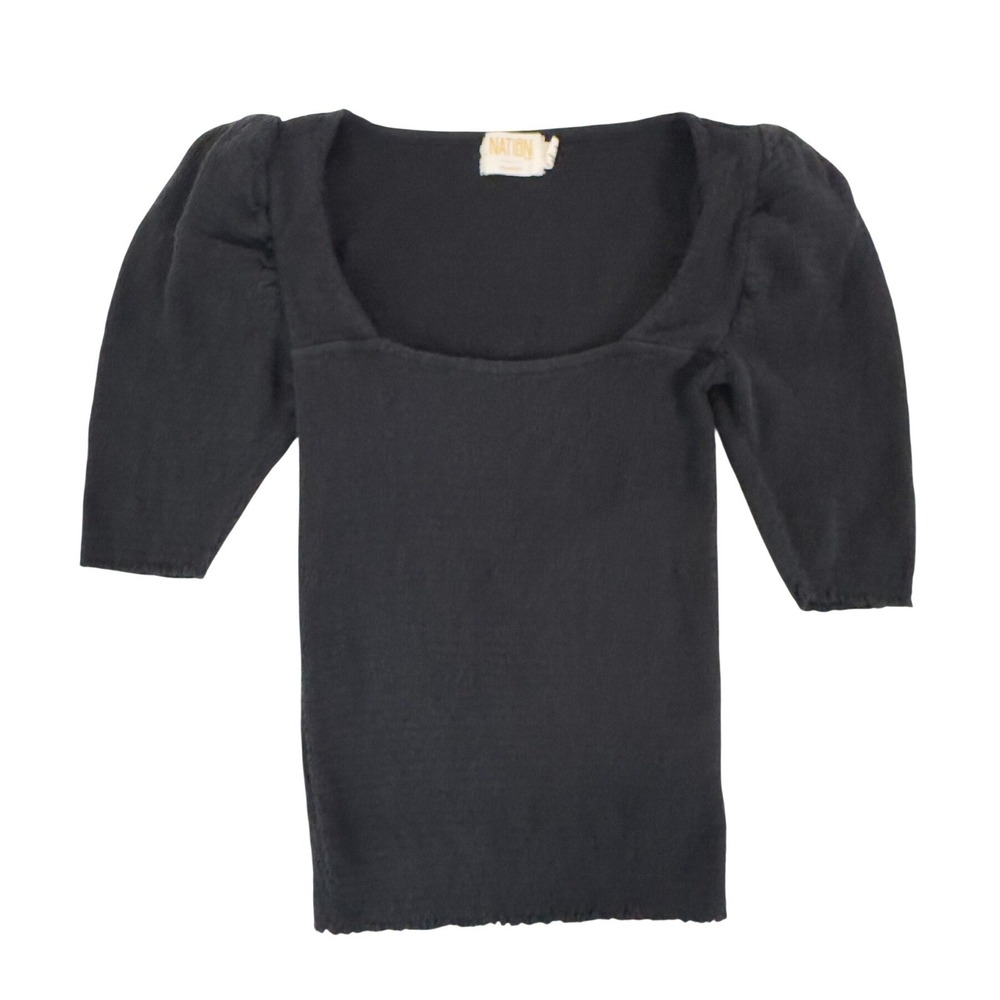 Nation LTD Zandra Smocked Party TeePuff Sleeve Top Black Pima Cotton XS